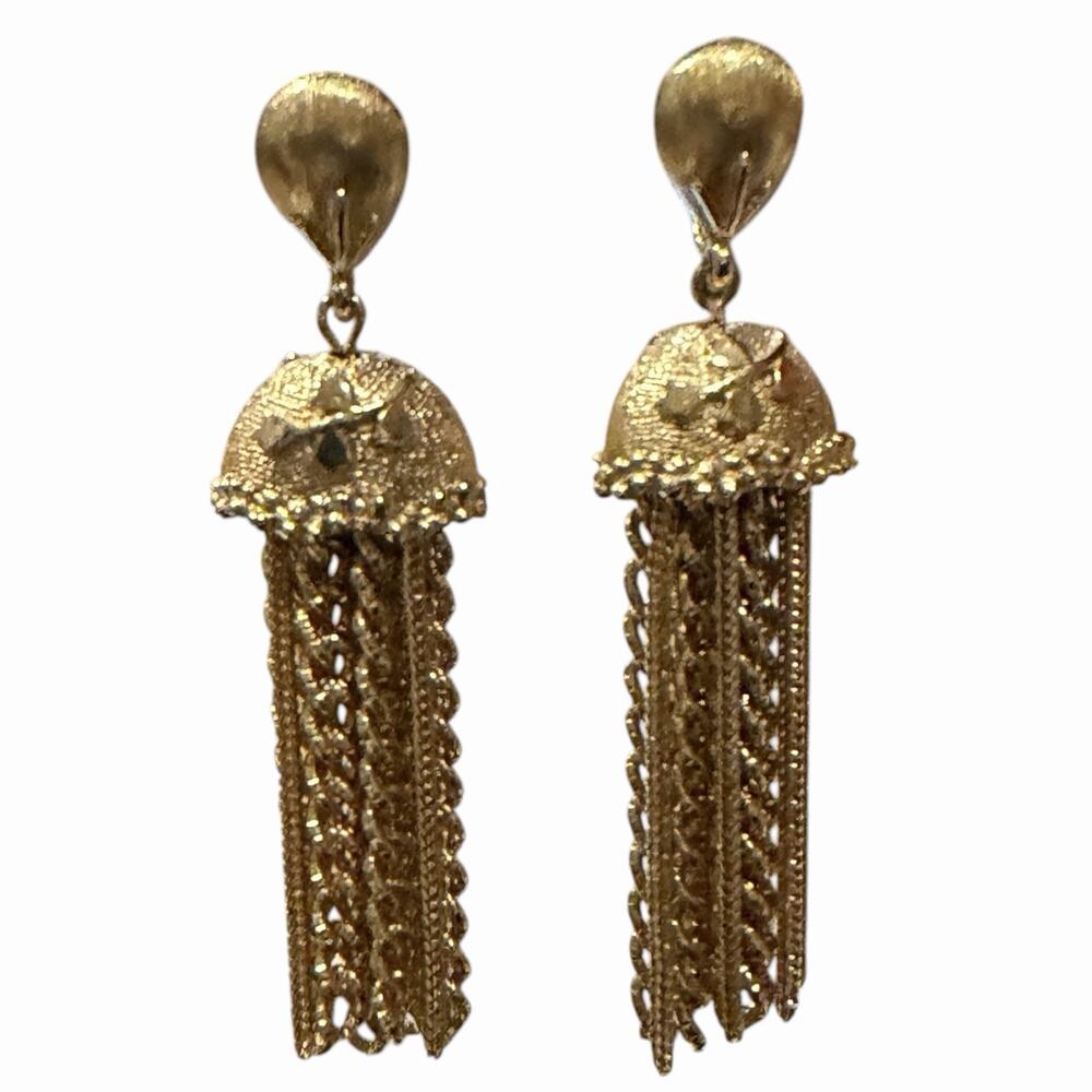Domed Gold Tone Tassel Chain Articulated Clip On Earrings 1960s Vintage Glam 3"
